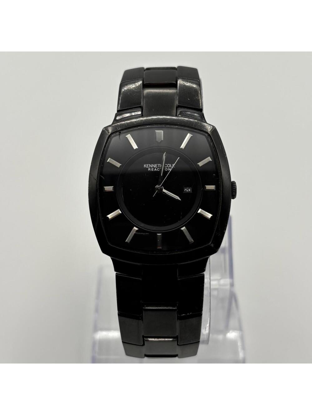 Kenneth Cole Reaction KC3436 Black Tonneau Watch 35mm Black Dial w/ Date WORKING